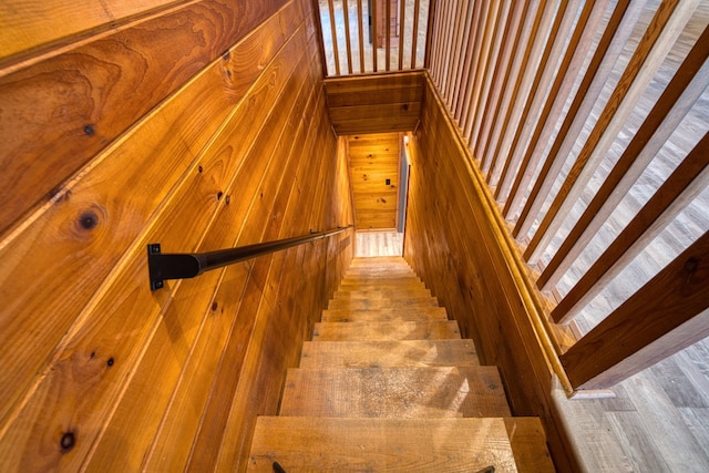 stairway featuring wooden walls