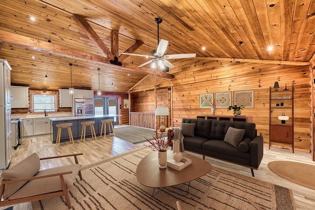 living room featuring wooden walls, light hardwood / wood-style flooring, high vaulted ceiling, and wood ceiling