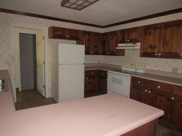 kitchen with crown molding, white appliances, a textured ceiling, and dark brown cabinetry