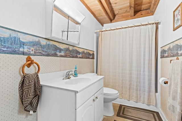 bathroom featuring vanity, beam ceiling, toilet, and wood ceiling