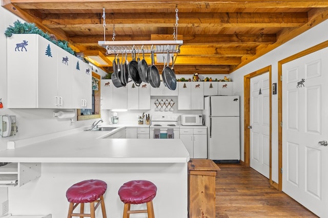 kitchen featuring white appliances, hardwood / wood-style floors, sink, beam ceiling, and wooden ceiling