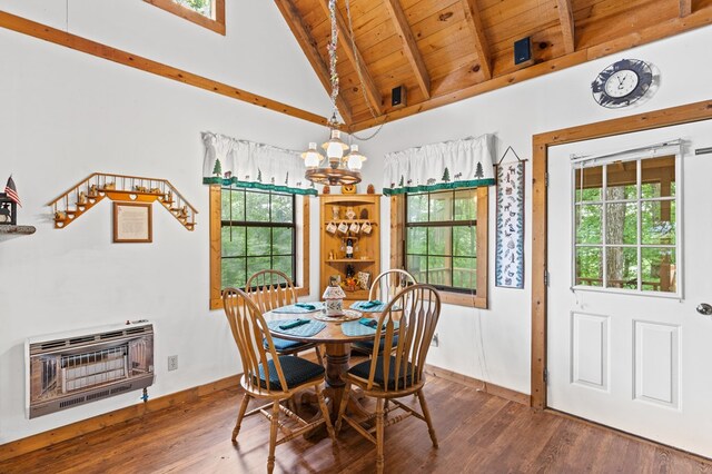 dining area featuring a healthy amount of sunlight, wood-type flooring, lofted ceiling with beams, and wooden ceiling