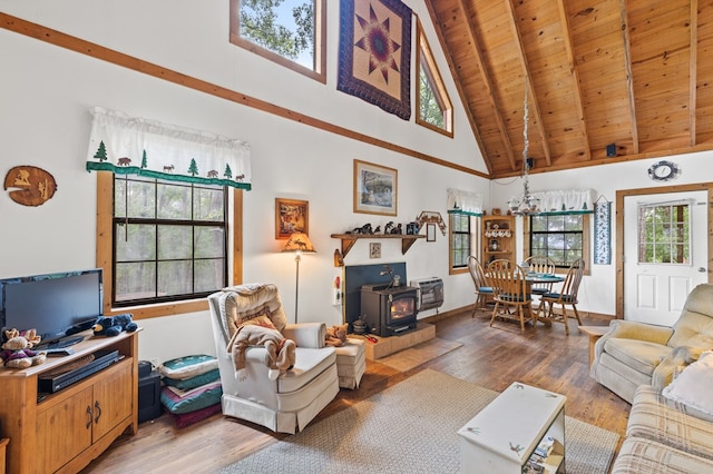 living room featuring beamed ceiling, a wood stove, wood ceiling, high vaulted ceiling, and hardwood / wood-style flooring