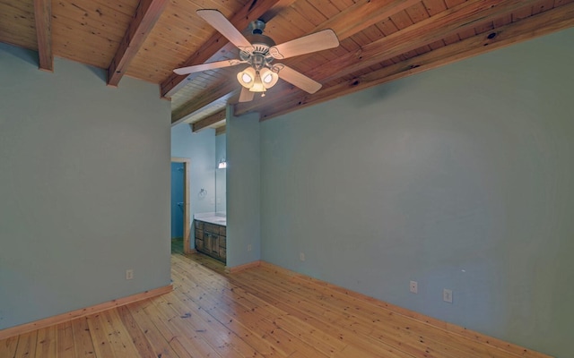 unfurnished room with ceiling fan, light hardwood / wood-style floors, wooden ceiling, and beamed ceiling