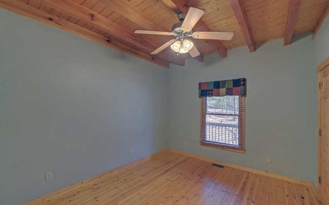 spare room with ceiling fan, wooden ceiling, beam ceiling, and light hardwood / wood-style floors