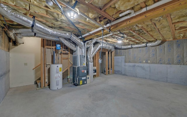 basement with electric water heater and heating unit