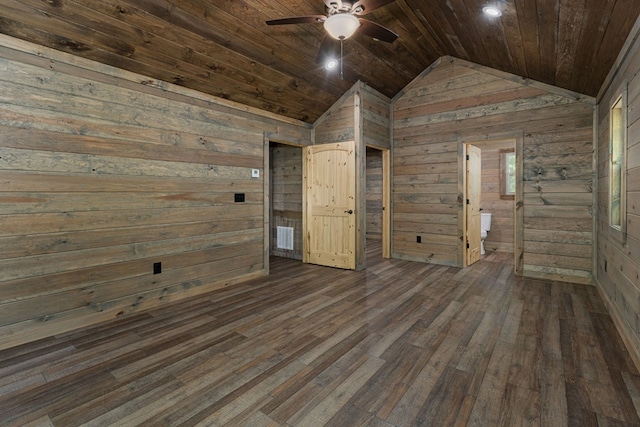 empty room with wooden ceiling, ceiling fan, wooden walls, and vaulted ceiling