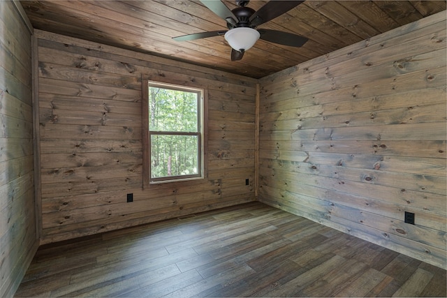 spare room featuring wooden ceiling, ceiling fan, wooden walls, and dark hardwood / wood-style flooring