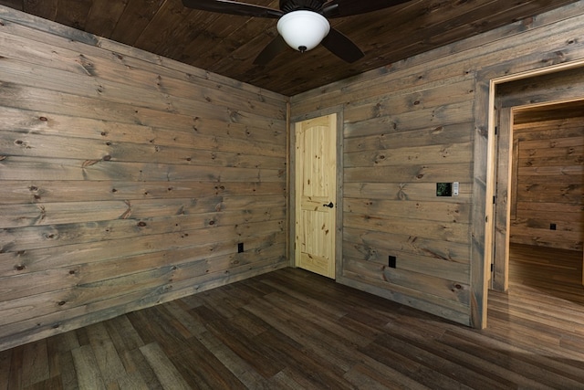 spare room with wood walls, ceiling fan, dark hardwood / wood-style floors, and wood ceiling