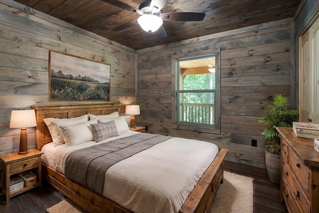 bedroom featuring wood walls, ceiling fan, wood ceiling, and dark hardwood / wood-style flooring