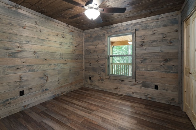 unfurnished room with ceiling fan, wooden walls, wooden ceiling, and dark hardwood / wood-style floors