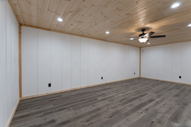 empty room with wooden walls, dark hardwood / wood-style floors, ceiling fan, and wood ceiling