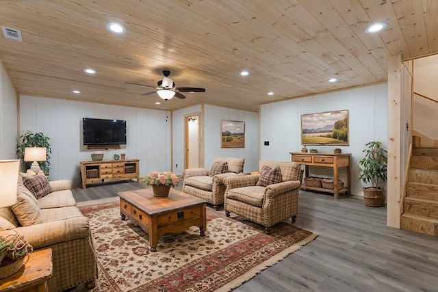 living room featuring hardwood / wood-style flooring, ceiling fan, and wood ceiling