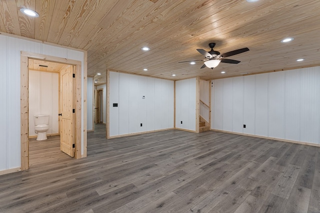 interior space with wooden ceiling, ceiling fan, wooden walls, and dark hardwood / wood-style flooring