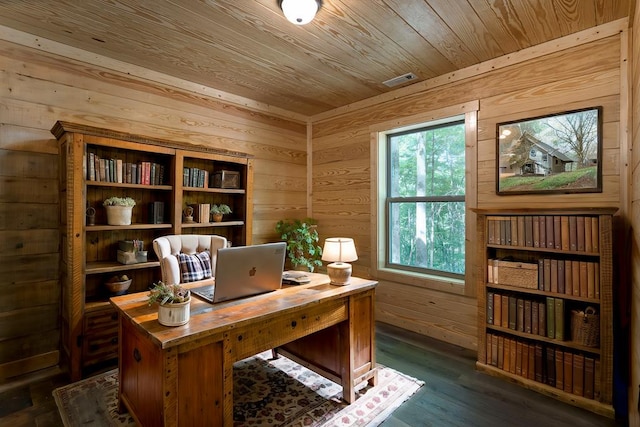 office with dark wood-type flooring, wooden walls, and wooden ceiling