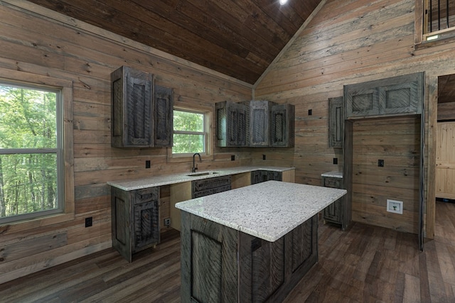 kitchen featuring a kitchen island, wood walls, and a healthy amount of sunlight