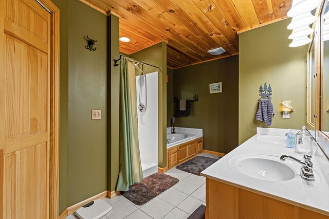 264 Summit St, Ellijay, GA 30540 - full bath with wooden ceiling, tile patterned floors, a tub, curtained shower, and baseboards