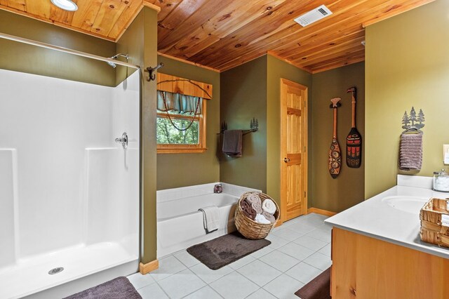 264 Summit St, Ellijay, GA 30540 - full bathroom featuring wooden ceiling, a stall shower, tile patterned flooring, a garden tub, and baseboards