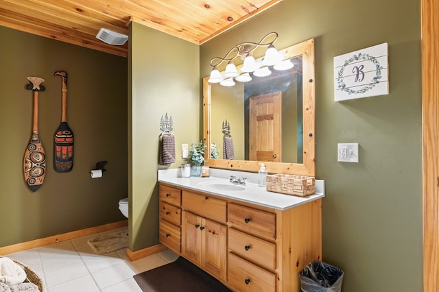 264 Summit St, Ellijay, GA 30540 - bathroom with tile patterned flooring, wood ceiling, vanity, toilet, and baseboards