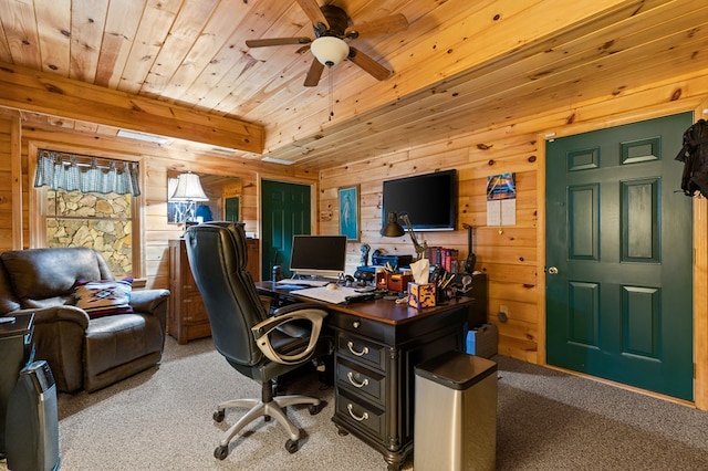 264 Summit St, Ellijay, GA 30540 - home office featuring carpet, wood ceiling, wooden walls, and a ceiling fan