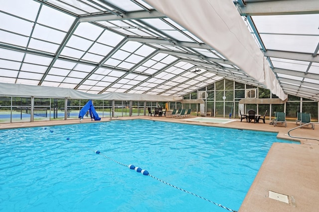 264 Summit St, Ellijay, GA 30540 - indoor pool featuring a patio area, a hot tub, and a lanai
