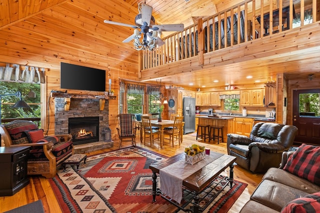 264 Summit St, Ellijay, GA 30540 - living area featuring a fireplace, light wood finished floors, wood walls, ceiling fan, and wooden ceiling