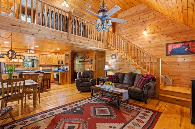 264 Summit St, Ellijay, GA 30540 - living area with wooden ceiling, high vaulted ceiling, wooden walls, light wood-style floors, and stairs