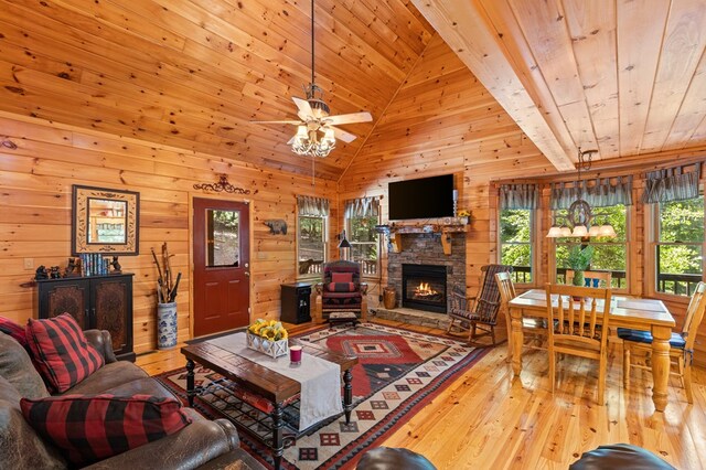 264 Summit St, Ellijay, GA 30540 - living room with wood-type flooring, wooden ceiling, wooden walls, a fireplace, and a ceiling fan