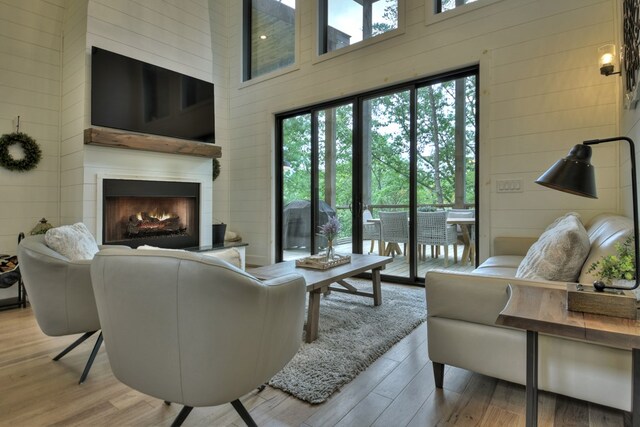 living room with a fireplace, a high ceiling, and light hardwood / wood-style floors