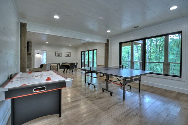 playroom featuring wood-type flooring and wood ceiling