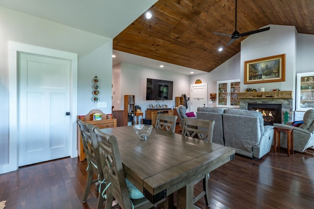 21 Hogue Way, Blairsville, GA 30512 - dining area featuring wood ceiling, a fireplace, hardwood / wood-style flooring, and ceiling fan