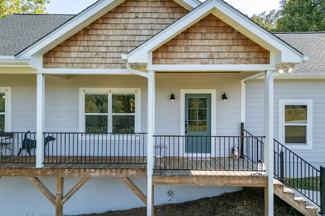 21 Hogue Way, Blairsville, GA 30512 - back of property with stairs, a shingled roof, and a porch