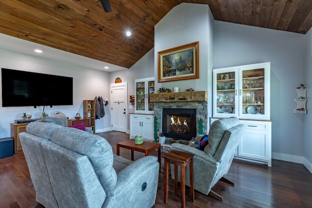 21 Hogue Way, Blairsville, GA 30512 - living room featuring wood ceiling, vaulted ceiling, dark wood-style floors, and a stone fireplace