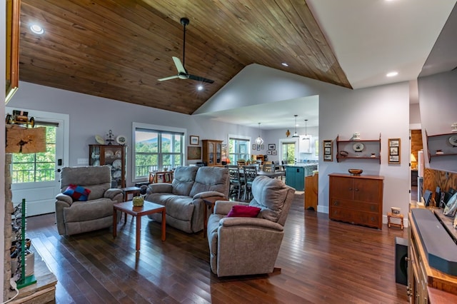 21 Hogue Way, Blairsville, GA 30512 - living area with recessed lighting, high vaulted ceiling, ceiling fan with notable chandelier, and dark wood finished floors