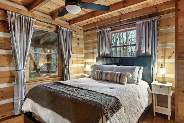 421 Weeks Creek Rd, Blue Ridge, GA 30513 - bedroom featuring wooden ceiling with exposed beams, wooden walls, and wood finished floors