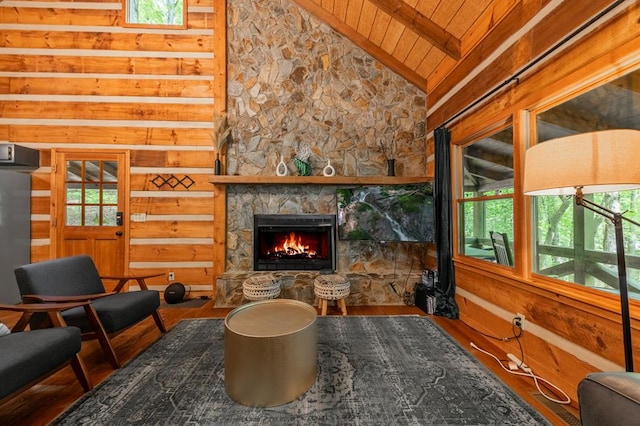 421 Weeks Creek Rd, Blue Ridge, GA 30513 - living room with wood ceiling with exposed beams, wood finished floors, a fireplace, wood walls, and high vaulted ceiling