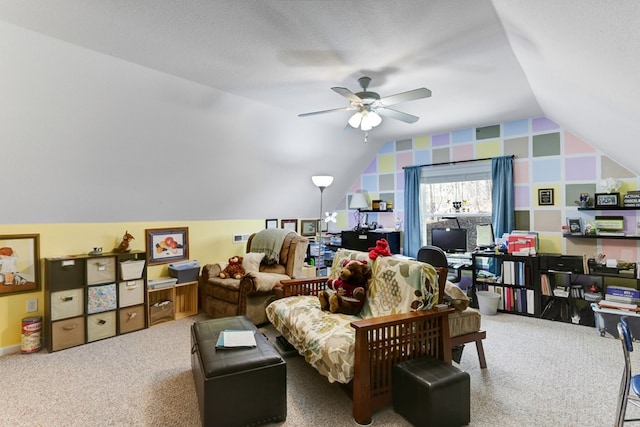 living room featuring ceiling fan, light carpet, vaulted ceiling, and a textured ceiling