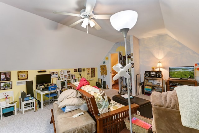 carpeted living room featuring vaulted ceiling and ceiling fan