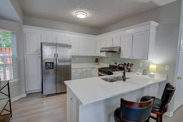 4149 Spring Cove Dr, Duluth, GA 30097 - kitchen featuring stainless steel appliances, under cabinet range hood, light wood-style flooring, a peninsula, and white cabinets