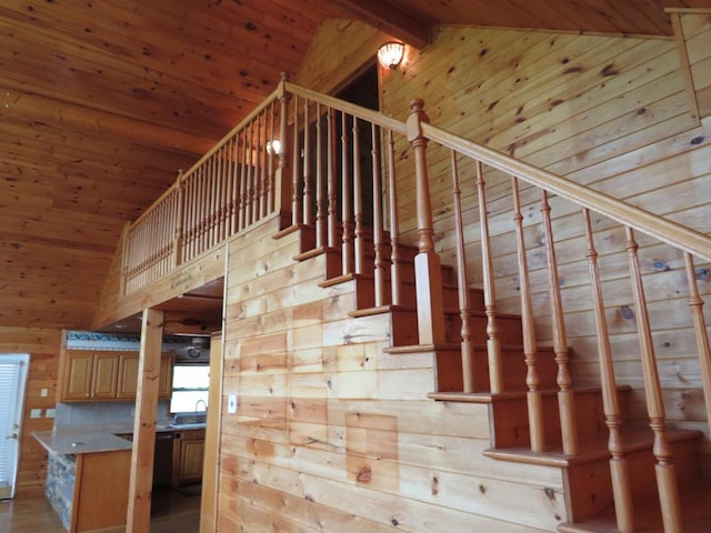 905 Johnson Rd, Hiawassee, GA 30546 - stairs featuring high vaulted ceiling, wood walls, and wooden ceiling