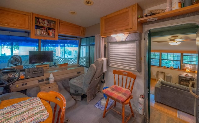 living room with a healthy amount of sunlight, vaulted ceiling, ceiling fan, and light hardwood / wood-style floors