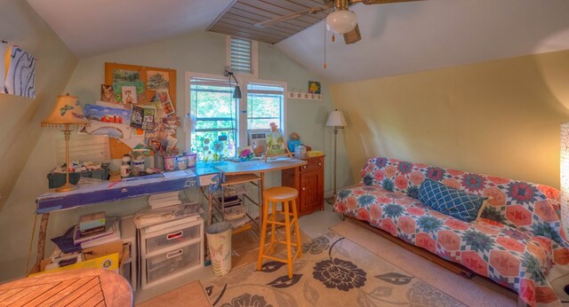 carpeted office featuring lofted ceiling, ceiling fan, and cooling unit