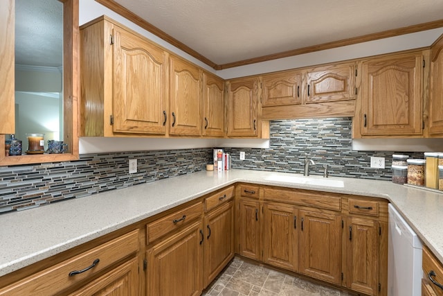 kitchen featuring sink, dishwasher, light tile patterned floors, and backsplash