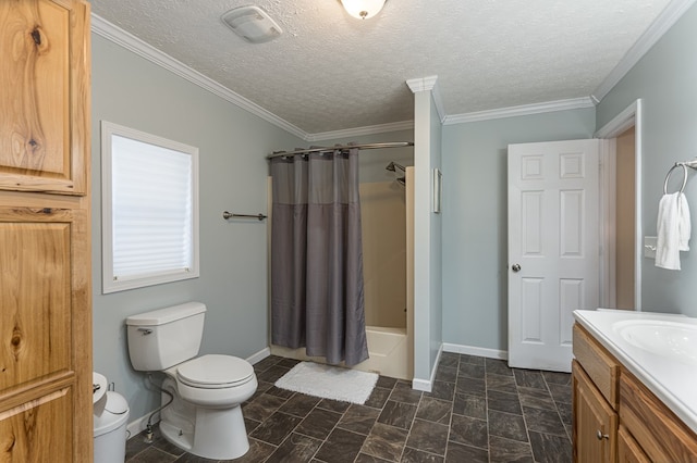 bathroom with a textured ceiling, tile patterned floors, toilet, vanity, and ornamental molding