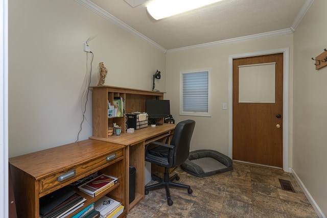 home office with ornamental molding and tile patterned flooring