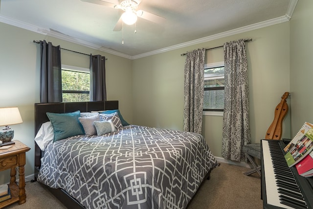 carpeted bedroom featuring ornamental molding, a textured ceiling, and ceiling fan