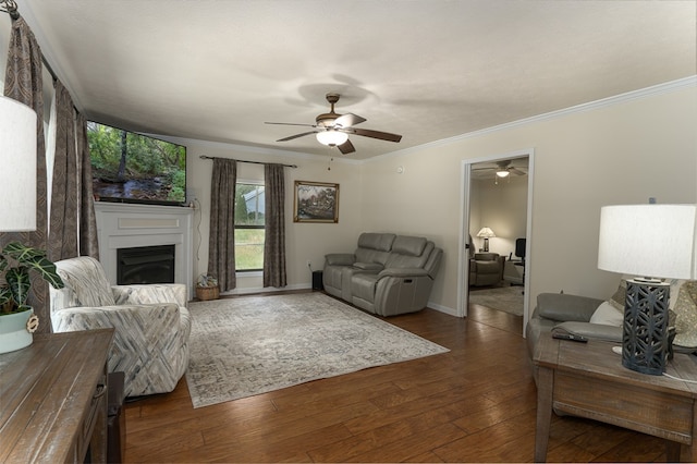 living room with dark hardwood / wood-style floors, crown molding, and ceiling fan