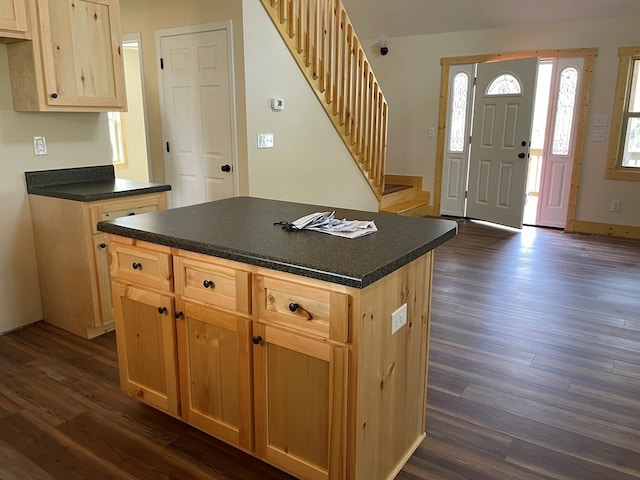 kitchen featuring light brown cabinetry, dark hardwood / wood-style flooring, and a center island