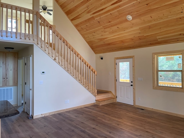 entrance foyer with wood-type flooring, wooden ceiling, and lofted ceiling