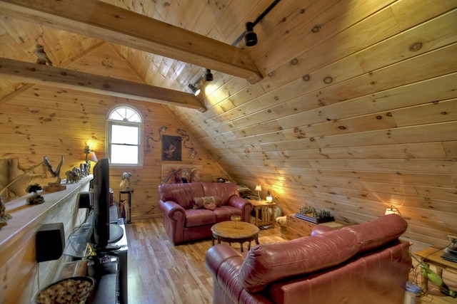 living area with light wood-style flooring, wood ceiling, wood walls, and lofted ceiling with beams